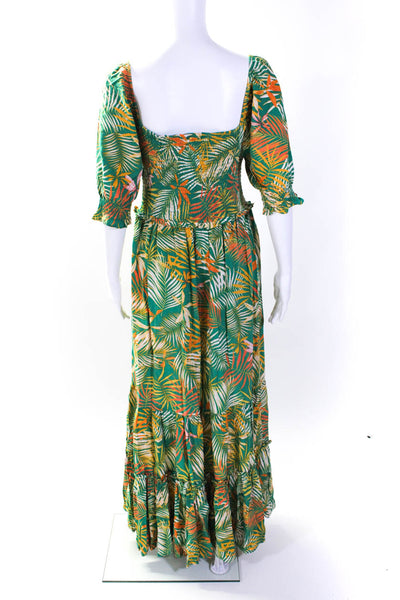 Betsey Johnson Womens Plant Print Ruched Short Sleeve Maxi Dress Green Size M