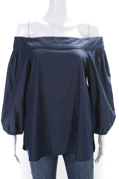 Tibi Womens Cotton Long Sleeve Pullover Off The Shoulder Blouse Top Blue Size 6