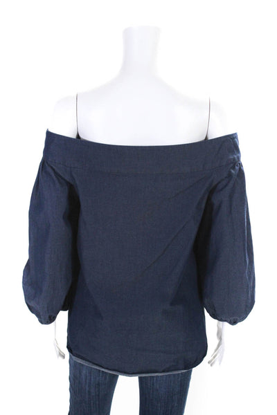 Tibi Womens Cotton Long Sleeve Pullover Off The Shoulder Blouse Top Blue Size 6