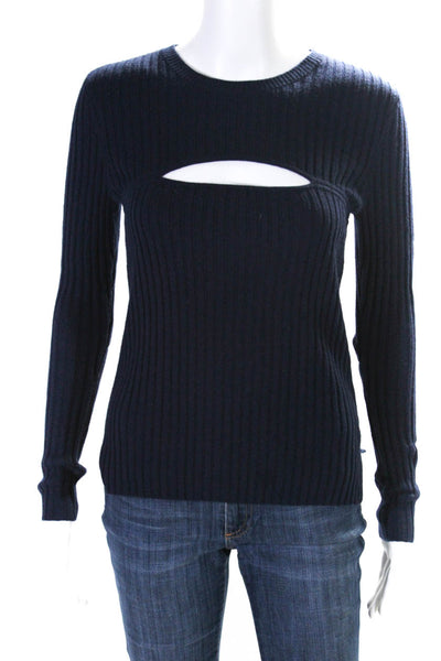 Frame Shirt Womens Merino Wool Ribbed Knit Key Hole Sweater Top Navy Size S