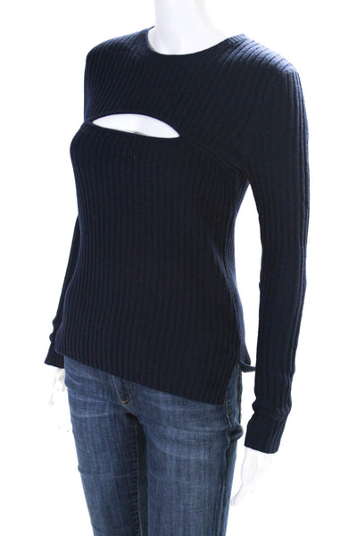 Frame Shirt Womens Merino Wool Ribbed Knit Key Hole Sweater Top Navy Size S