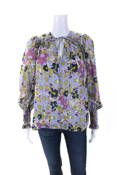 Rebecca Taylor Womens Puff Sleeve Floral V Neck Top Blouse Purple Pink Size XS