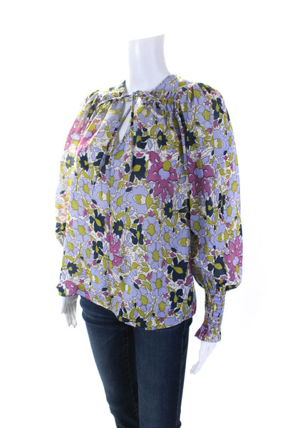 Rebecca Taylor Womens Puff Sleeve Floral V Neck Top Blouse Purple Pink Size XS