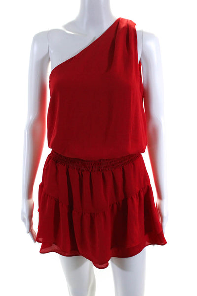 Krisa Womens One Shoulder Sleeveless Smocked Ruffle Blouson Dress Red Size S