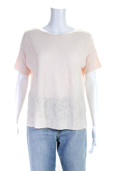 Eileen Fisher Womens Textured Knit Short Sleeve Boat Neck Top Light Pink Size S