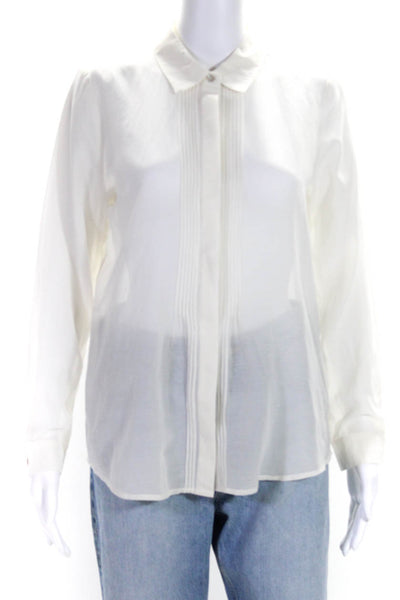 J Jill Womens Cotton Silk Long Sleeve Pleated Front Button Up Top White Size S