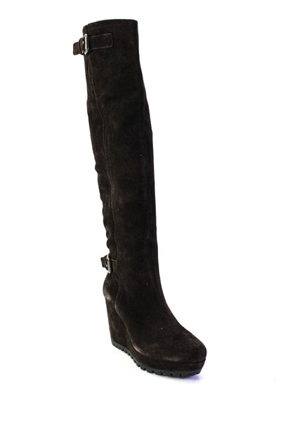 Prada Womens Wedge Heel Over The Knee Boots Dark Brown Suede Size 39 9