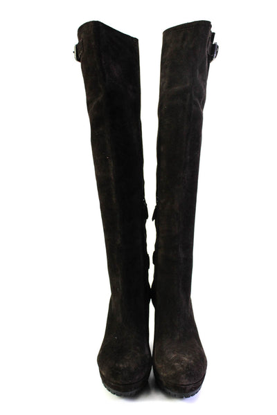 Prada Womens Wedge Heel Over The Knee Boots Dark Brown Suede Size 39 9