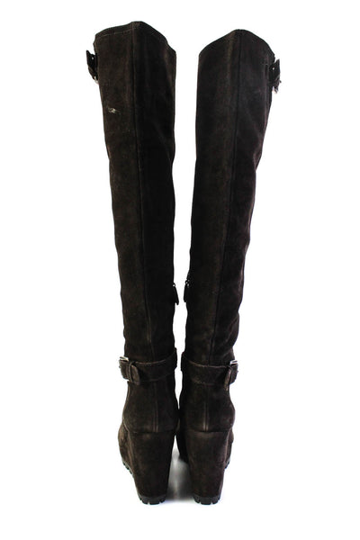 Prada Womens Wedge Heel Over The Knee Boots Dark Brown Suede Size 39 9