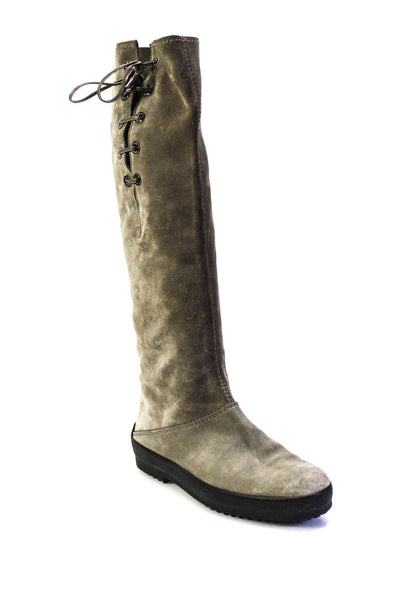 Tods Womens Lace Up Flat Knee High Pull On Boots Taupe Suede Size 38 8