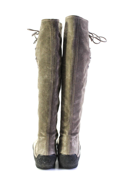 Tods Womens Lace Up Flat Knee High Pull On Boots Taupe Suede Size 38 8