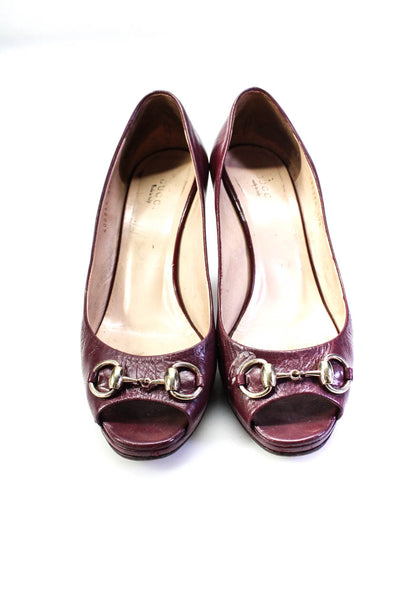 Gucci Womens Leather Peep Toe Gold Tone Horsebit Pumps Purple Size 39.5 9.5