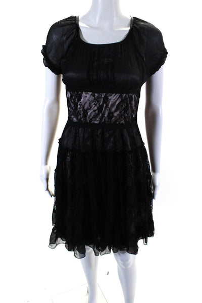 BCBG Max Azria Womens Lace Short Sleeves A Line Mini Dress Black Size 2