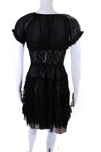 BCBG Max Azria Womens Lace Short Sleeves A Line Mini Dress Black Size 2