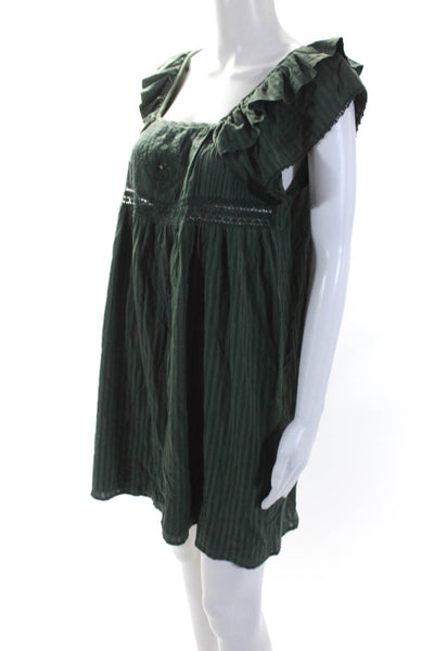 Ba&Sh Womens Cotton Striped Print Scoop Neck Ruffled Short Dress Green Size M