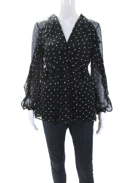 Zimmermann Womens Silk Polka Dot Texture Ruffled Long Sleeve Blouse Black Size 0