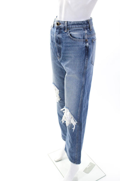 Khaite Womens High Rise Ripped Straight Leg Danielle Jeans Blue Cotton Size 27