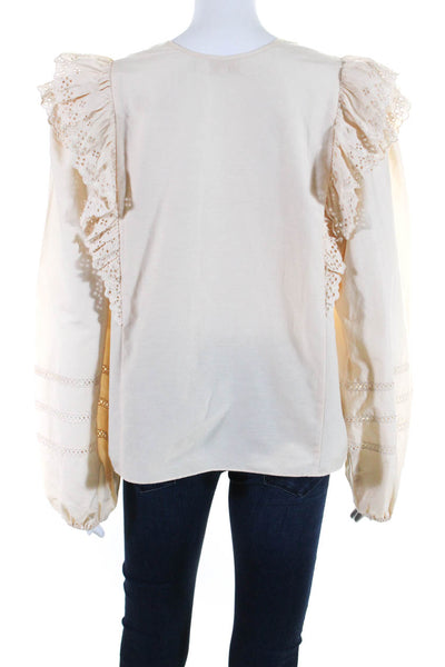 The Westside Womens Eyelet Key Hole Neck Long Sleeves Blouse Beige Size Small