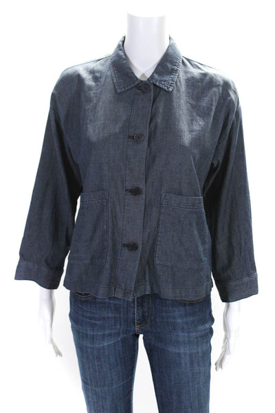 Eileen Fisher Womens Cotton Collared Button Up Blouse Top Shacket Blue Size PP