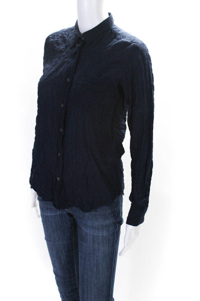 Steven Alan Womens Woven Plaid Collared Button Up Blouse Top Black Blue Size P