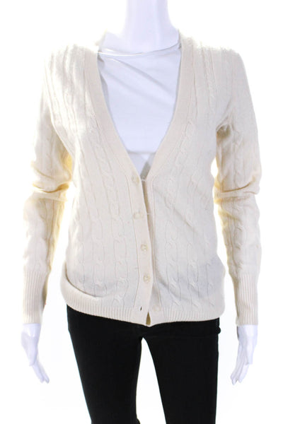 Christopher Fischer Women Cable Knit V Neck Cardigan Sweater Ecru Cashmere Small