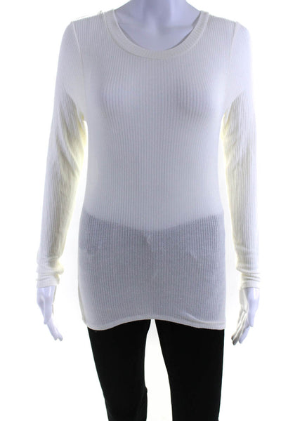 LNA Womens Ribbed Round Neck Long Sleeve Textured Pullover T-Shirt White Size XS