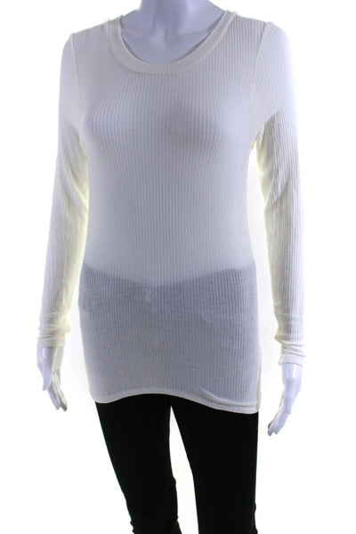 LNA Womens Ribbed Round Neck Long Sleeve Textured Pullover T-Shirt White Size XS