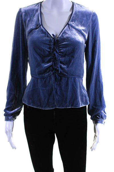 Intermix Womens Velour Tied Cuff Long Sleeve V-Neck Wrap Blouse Blue Size 0