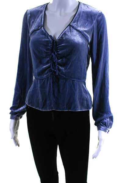 Intermix Womens Velour Tied Cuff Long Sleeve V-Neck Wrap Blouse Blue Size 0