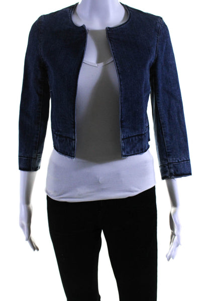 Theory Womens Cotton Fringed Hem Open Long Sleeve Crop Denim Jacket Blue Size S