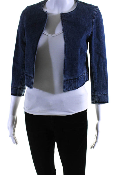 Theory Womens Cotton Fringed Hem Open Long Sleeve Crop Denim Jacket Blue Size S