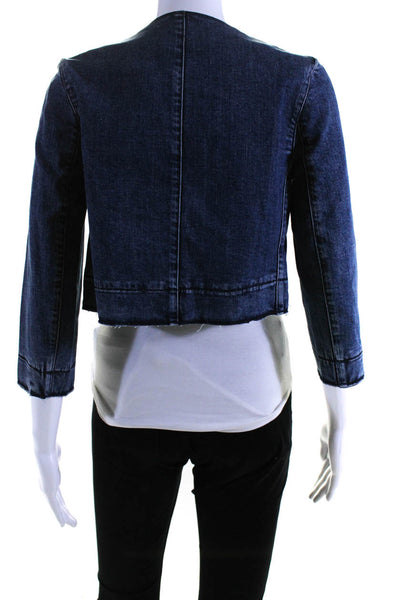 Theory Womens Cotton Fringed Hem Open Long Sleeve Crop Denim Jacket Blue Size S