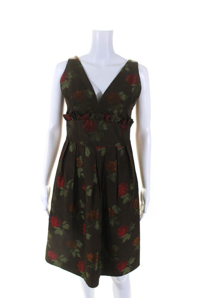 Luca Luca Womens Floral Print Pleated V-Neck Sleeveless Dress Brown Size M