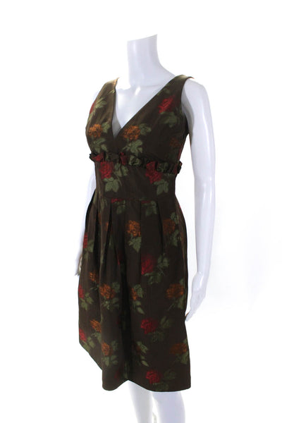 Luca Luca Womens Floral Print Pleated V-Neck Sleeveless Dress Brown Size M