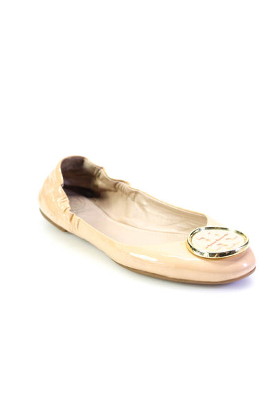 Tory Burch Womens Slip On Logo Reva Ballet Flats Beige Patent Leather Size 5.5