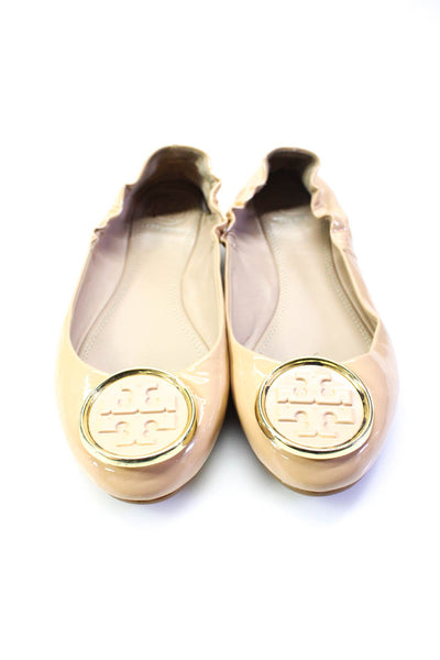 Tory Burch Womens Slip On Logo Reva Ballet Flats Beige Patent Leather Size 5.5