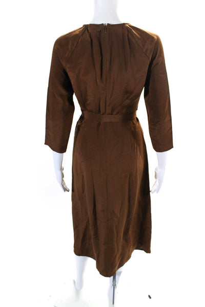 Cuyana Womens Silk Long Sleeve Belted Midi Dress Brown Size XS