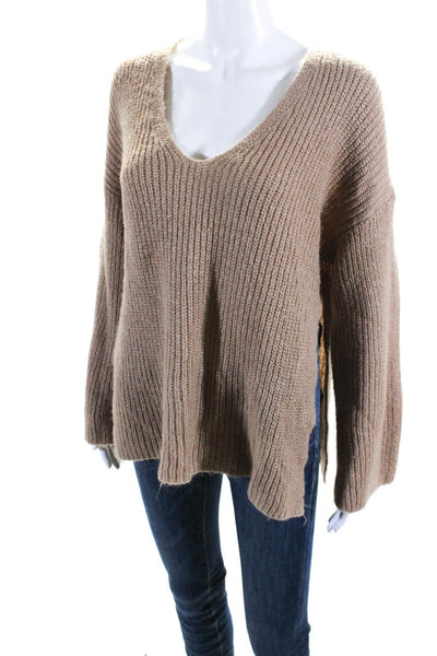 Rebecca Minkoff Womens Long Sleeve V Neck Double Slit Sweater Brown Size XS