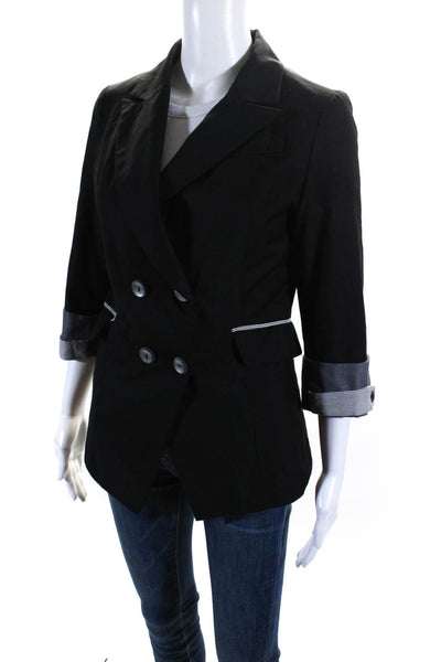 Max Mara Womens Double Breasted Striped Trim Notched Lapel Blazer Black Size S