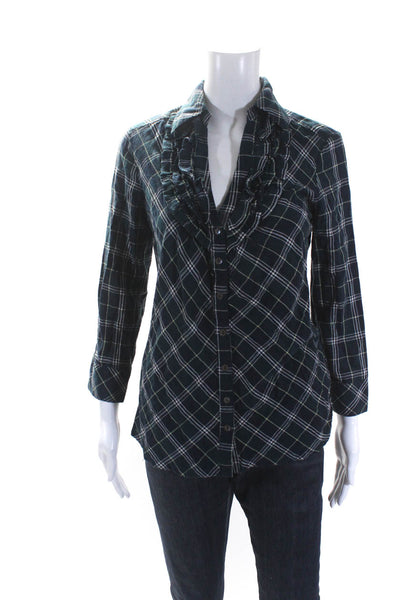 Joie Women's Collared Ruffle Long Sleeves Button Down Plaid Blouse Size S