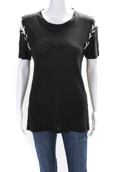 IRO Womens Linen Lace Up Short Sleeves Melly Tee Shirt Black Size Small