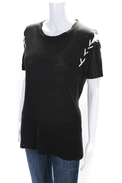 IRO Womens Linen Lace Up Short Sleeves Melly Tee Shirt Black Size Small