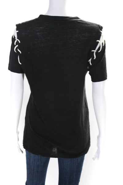 IRO Womens Linen Lace Up Short Sleeves Melly Tee Shirt Black Size Small