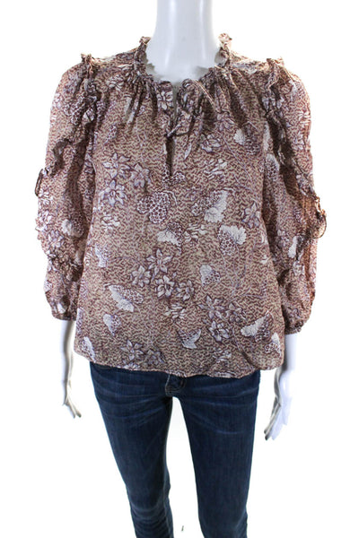 Ulla Johnson Womens Cotton Floral Print Long Sleeve V-Neck Blouse Brown Size 2