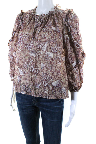 Ulla Johnson Womens Cotton Floral Print Long Sleeve V-Neck Blouse Brown Size 2