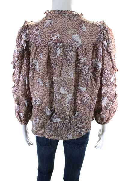 Ulla Johnson Womens Cotton Floral Print Long Sleeve V-Neck Blouse Brown Size 2