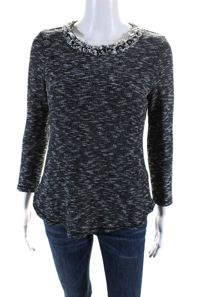 Rebecca Taylor Womens Cotton Tweed Back Zip Long Sleeve Knit Top Black Size 4