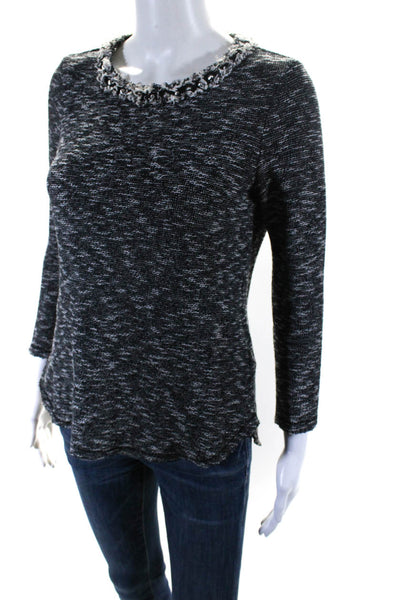 Rebecca Taylor Womens Cotton Tweed Back Zip Long Sleeve Knit Top Black Size 4