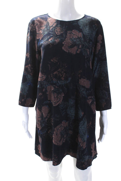 Wilfred Womens Floral Print Long Sleeve Round Neck A-Line Midi Dress Navy Size M
