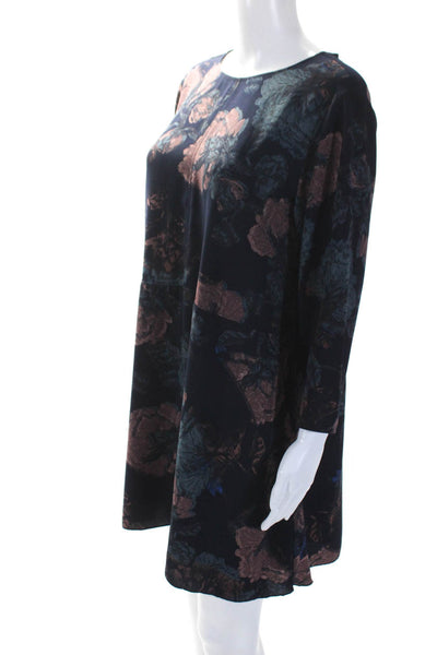 Wilfred Womens Floral Print Long Sleeve Round Neck A-Line Midi Dress Navy Size M